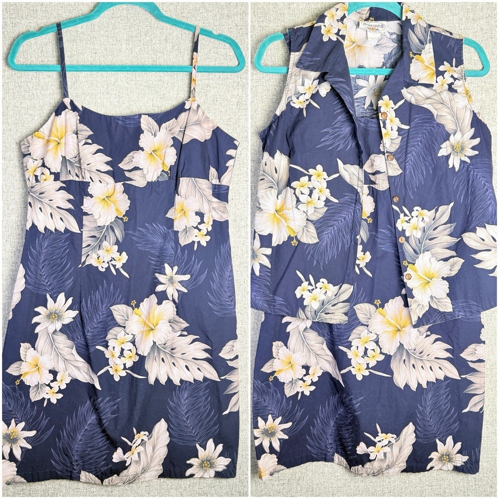 Vintage Hawaiian Blue Floral Strappy Dress w/Shirt Hibiscus Pacific Legend MED/L